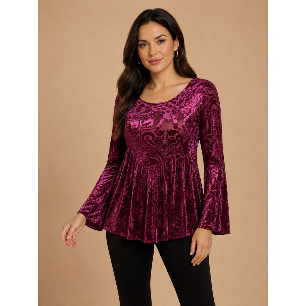 Burgundy Velvet Burnout Bell Sleeve Blouse by Ultra Pink - Whimsigoth Large